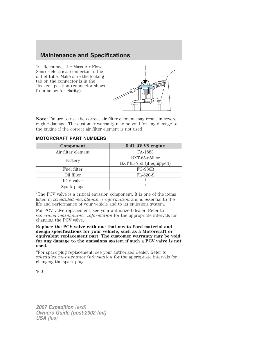 Motorcraft part numbers, Part numbers, Maintenance and specifications | FORD 2007 Expedition v.3 User Manual | Page 360 / 376