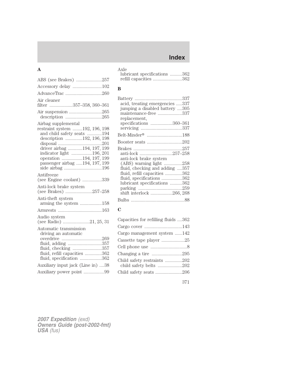 Index | FORD 2007 Expedition v.3 User Manual | Page 371 / 376