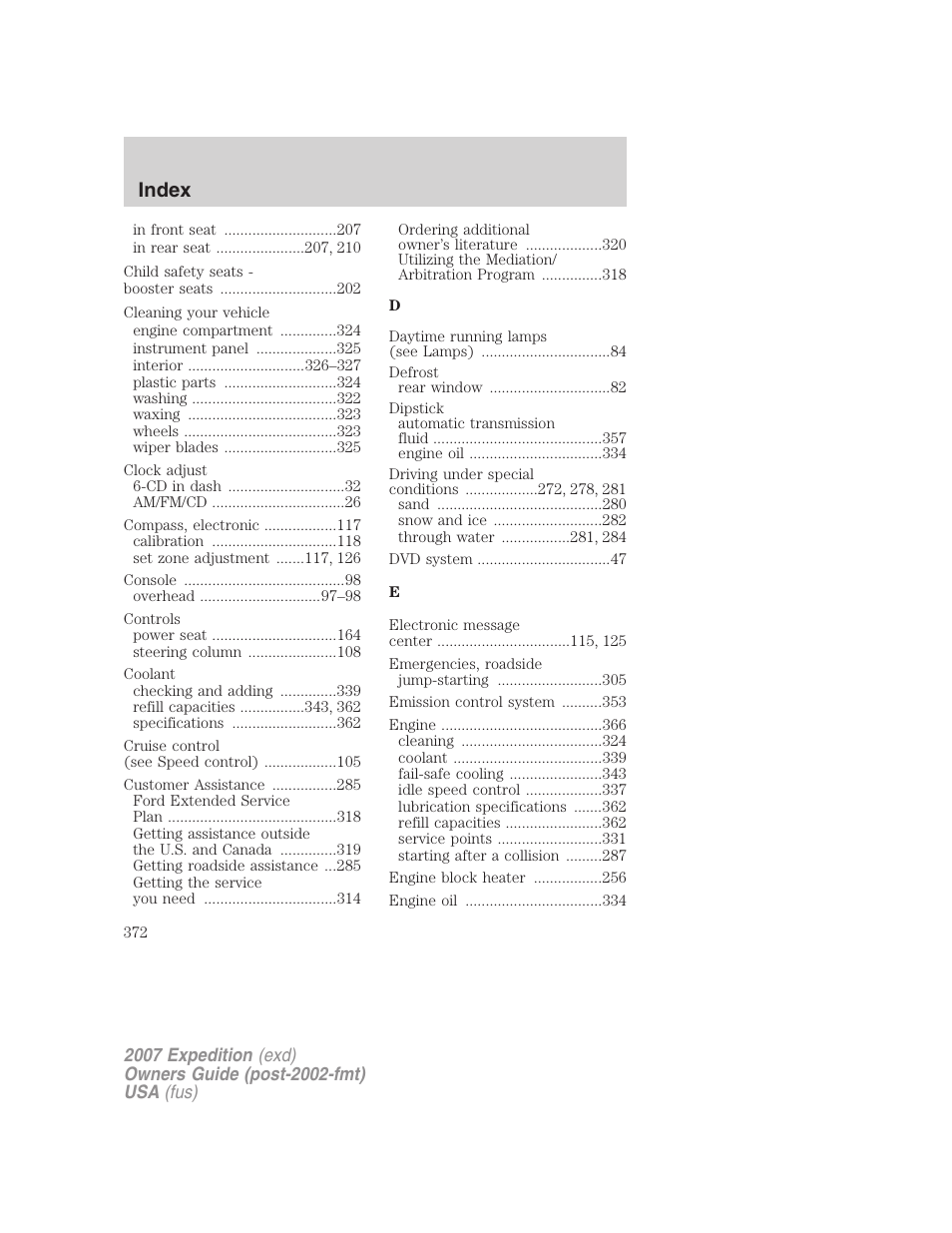 Index | FORD 2007 Expedition v.3 User Manual | Page 372 / 376