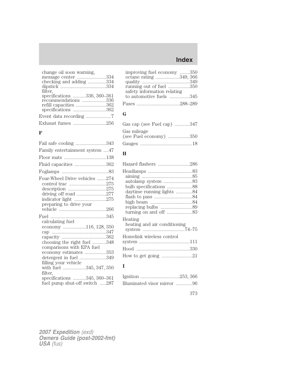 Index | FORD 2007 Expedition v.3 User Manual | Page 373 / 376