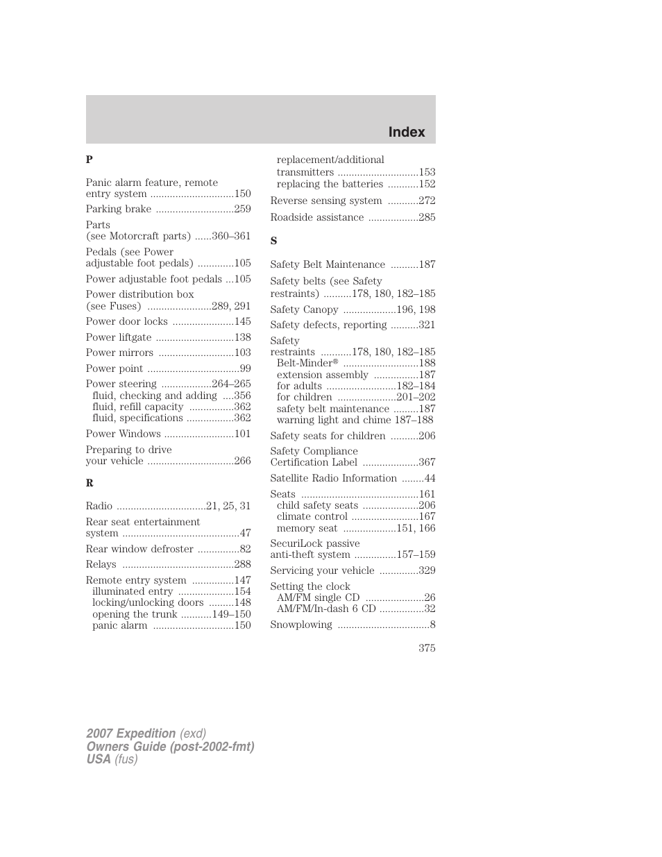 Index | FORD 2007 Expedition v.3 User Manual | Page 375 / 376