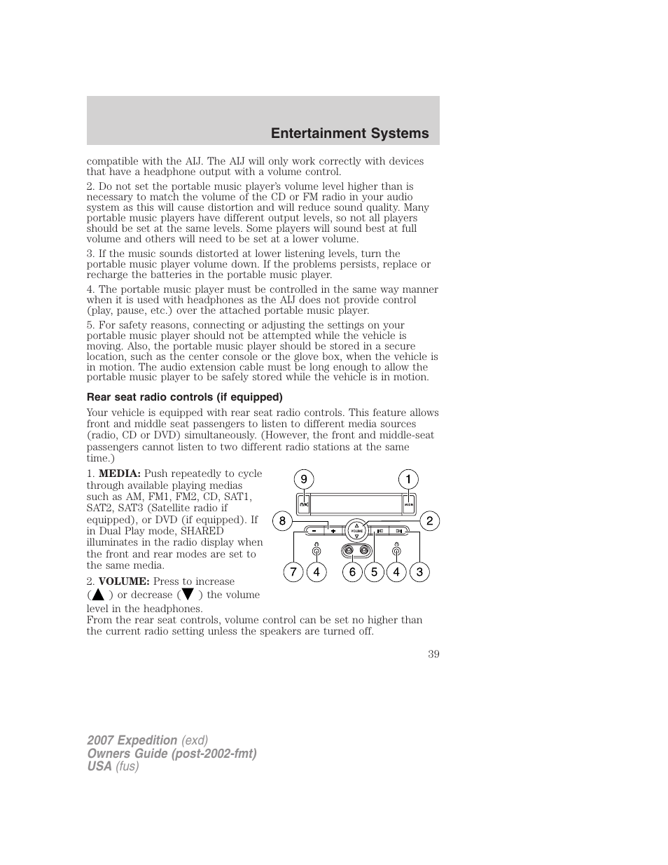 Rear seat radio controls (if equipped), Rear seat controls, Entertainment systems | FORD 2007 Expedition v.3 User Manual | Page 39 / 376