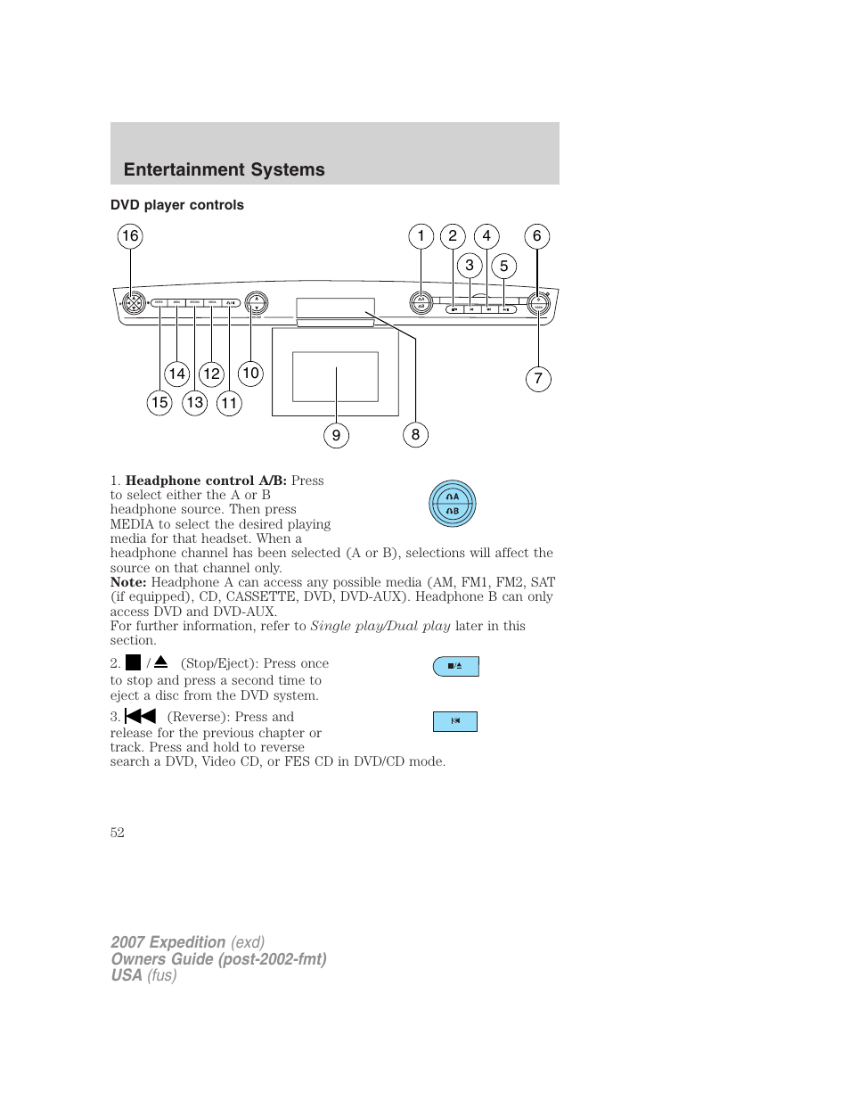 Dvd player controls, Entertainment systems | FORD 2007 Expedition v.3 User Manual | Page 52 / 376