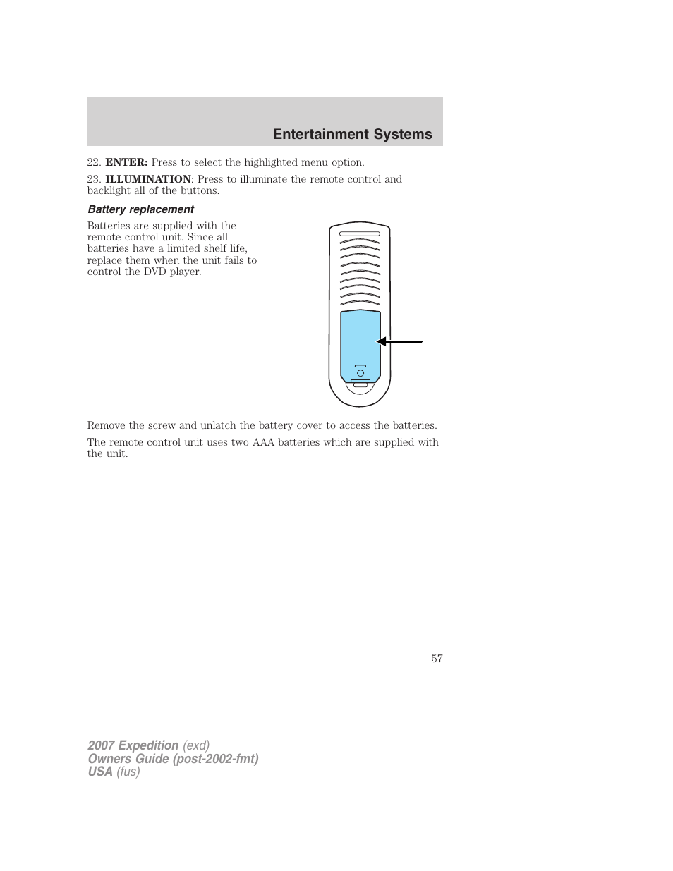 Battery replacement, Entertainment systems | FORD 2007 Expedition v.3 User Manual | Page 57 / 376