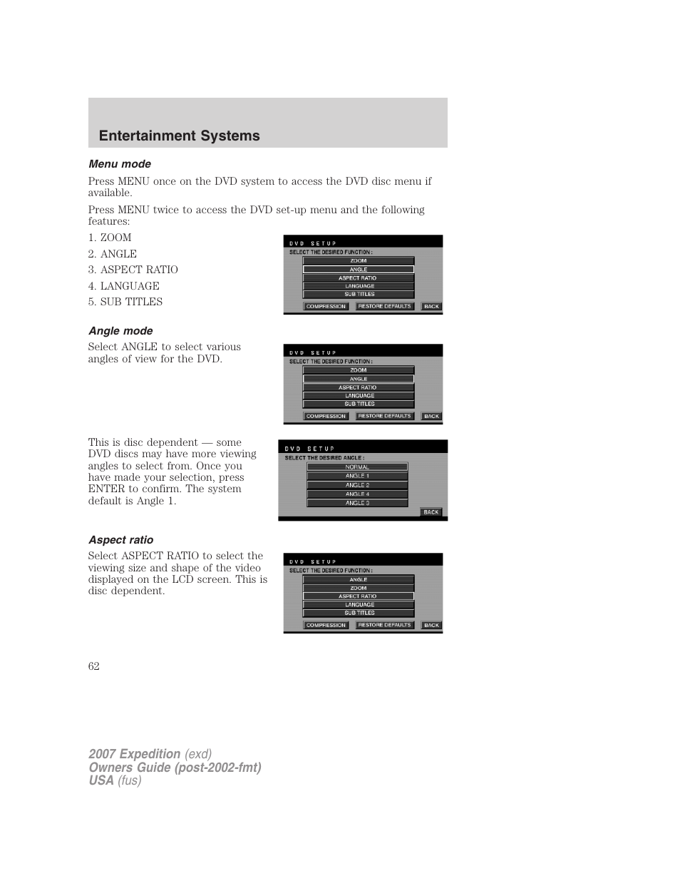 Menu mode, Angle mode, Aspect ratio | Entertainment systems | FORD 2007 Expedition v.3 User Manual | Page 62 / 376