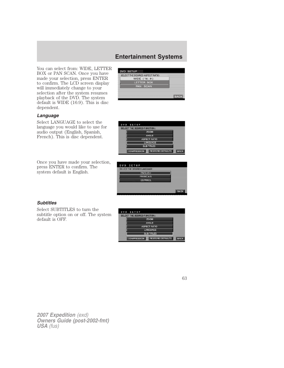 Language, Subtitles, Entertainment systems | FORD 2007 Expedition v.3 User Manual | Page 63 / 376