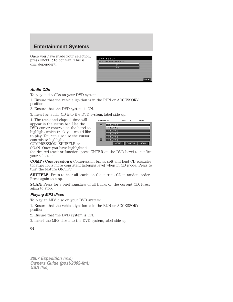 Audio cds, Playing mp3 discs, Entertainment systems | FORD 2007 Expedition v.3 User Manual | Page 64 / 376