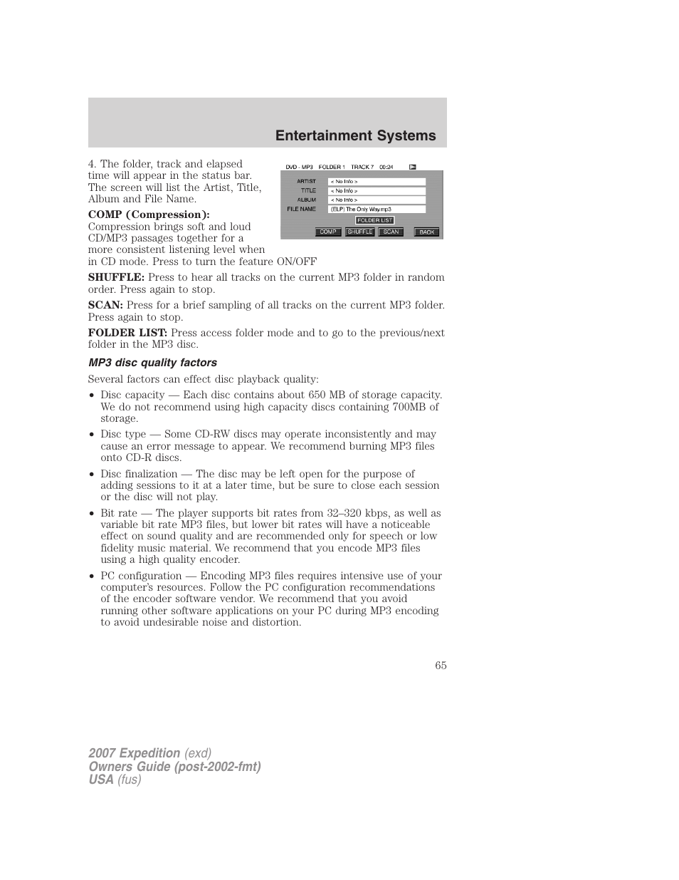 Mp3 disc quality factors, Entertainment systems | FORD 2007 Expedition v.3 User Manual | Page 65 / 376