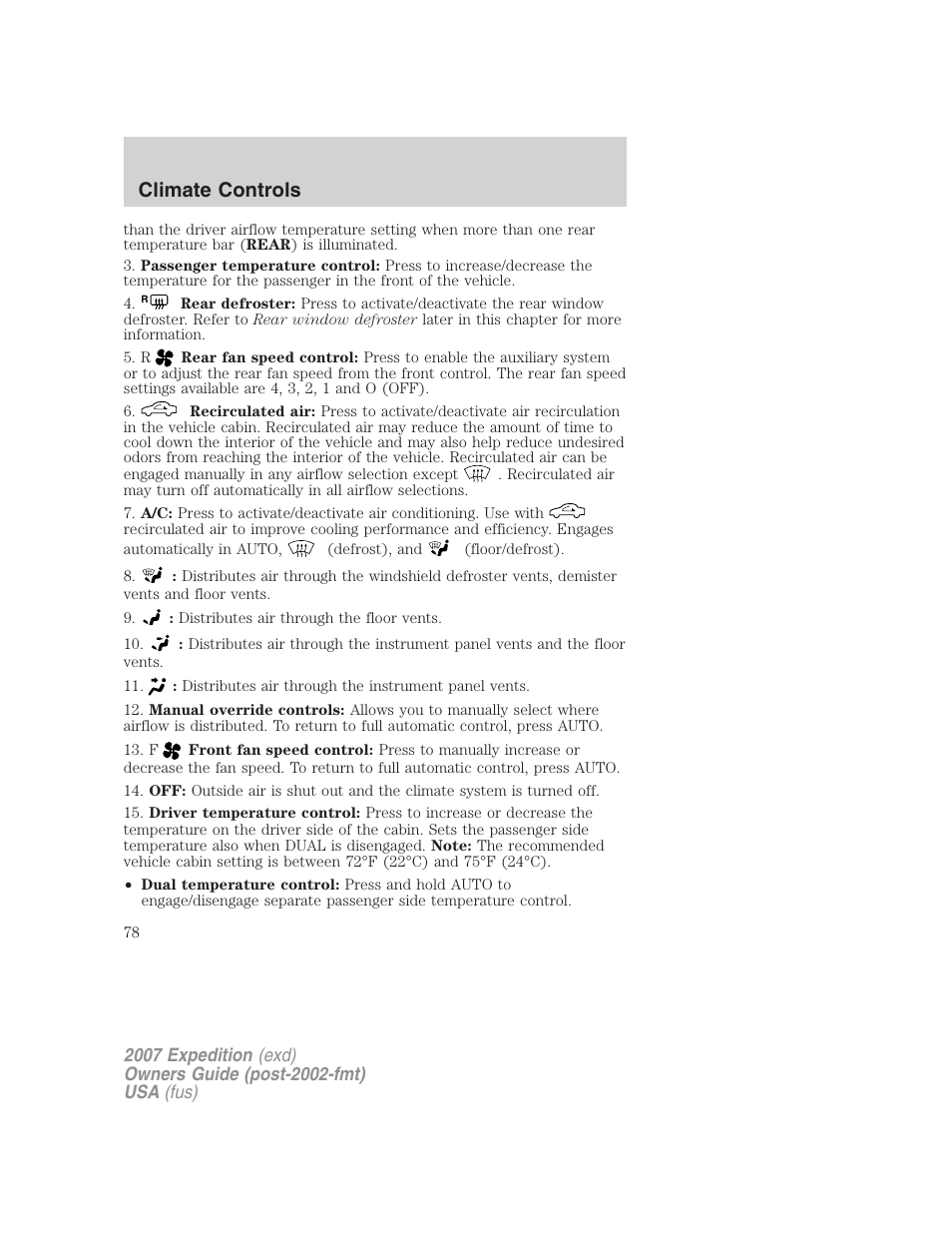 Climate controls | FORD 2007 Expedition v.3 User Manual | Page 78 / 376