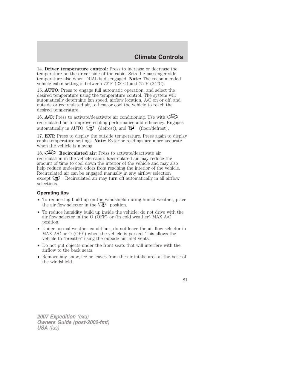 Operating tips, Climate controls | FORD 2007 Expedition v.3 User Manual | Page 81 / 376