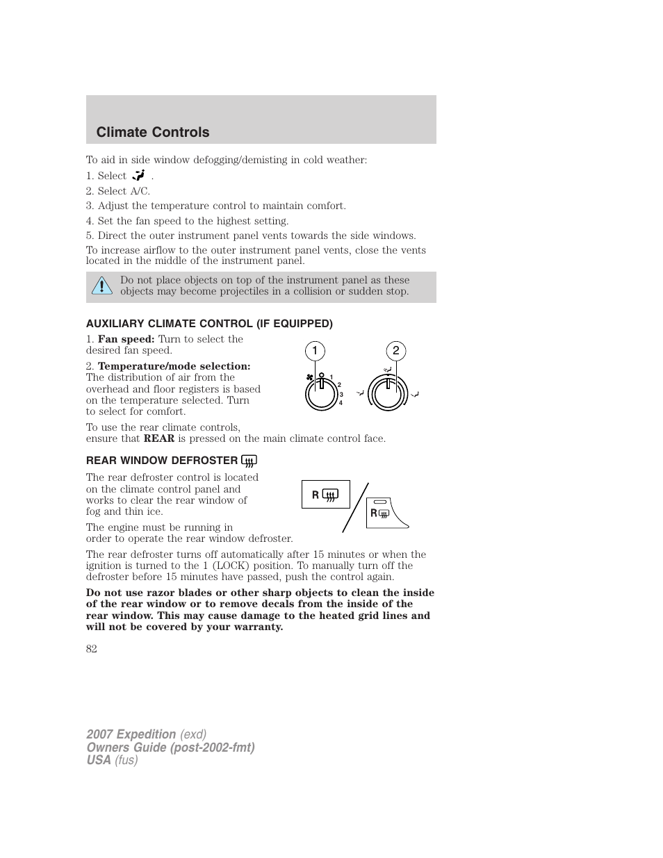 Auxiliary climate control (if equipped), Rear window defroster, Climate controls | FORD 2007 Expedition v.3 User Manual | Page 82 / 376