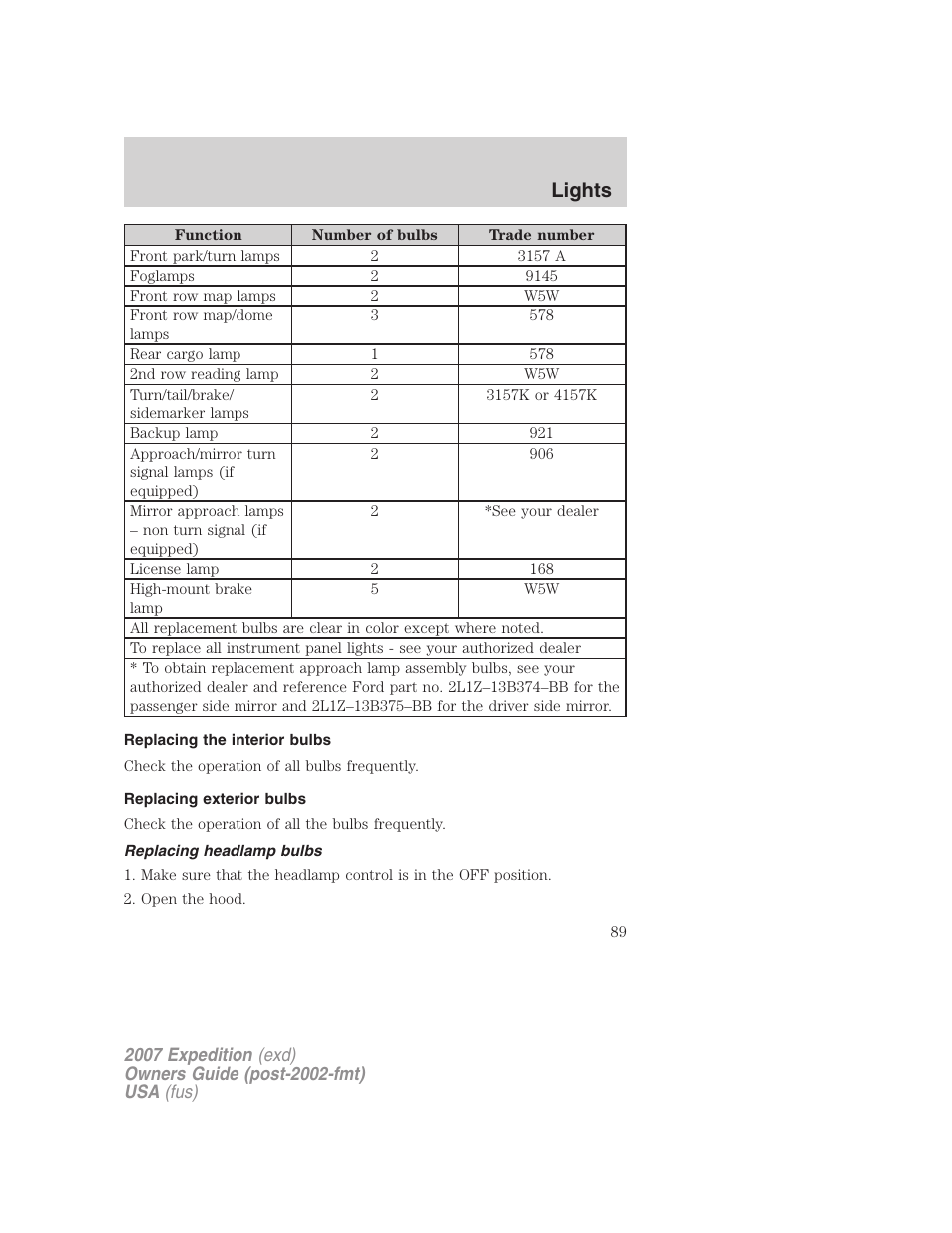 Replacing the interior bulbs, Replacing exterior bulbs, Replacing headlamp bulbs | Lights | FORD 2007 Expedition v.3 User Manual | Page 89 / 376