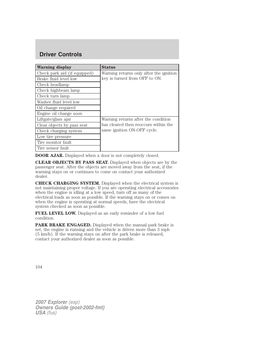 Driver controls | FORD 2007 Explorer v.1 User Manual | Page 104 / 344