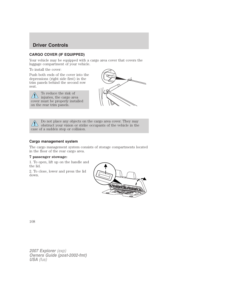 Cargo cover (if equipped), Cargo management system, Driver controls | FORD 2007 Explorer v.1 User Manual | Page 108 / 344