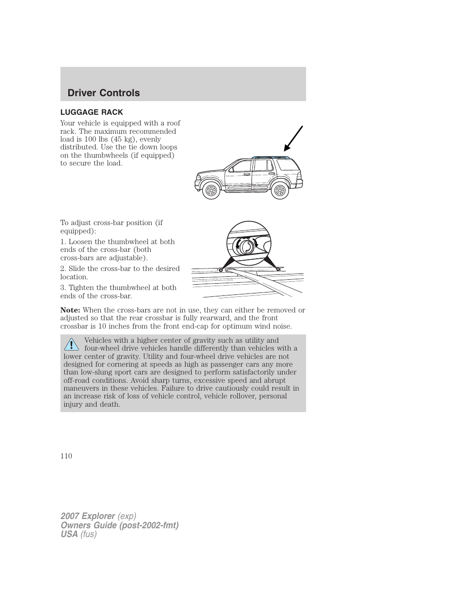 Luggage rack, Driver controls | FORD 2007 Explorer v.1 User Manual | Page 110 / 344