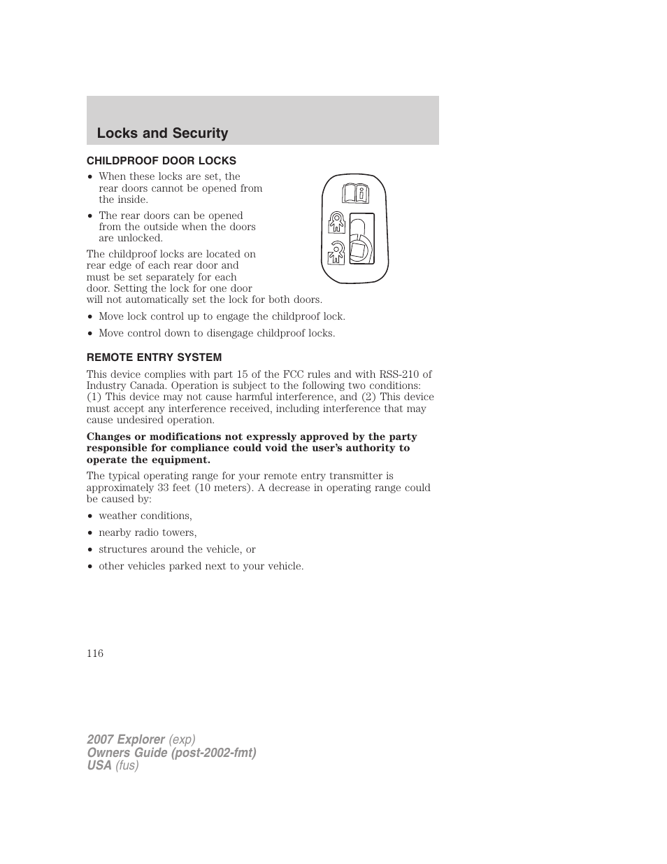 Childproof door locks, Remote entry system, Anti-theft system | Locks and security | FORD 2007 Explorer v.1 User Manual | Page 116 / 344