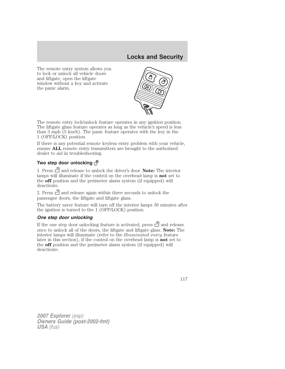 Two step door unlocking, One step door unlocking, Locks and security | FORD 2007 Explorer v.1 User Manual | Page 117 / 344