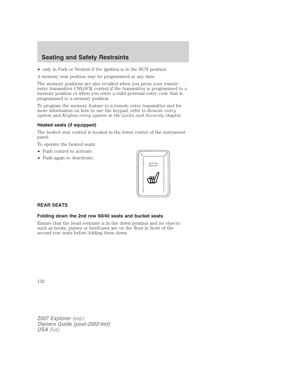 Heated seats (if equipped), Rear seats, Seating and safety restraints | FORD 2007 Explorer v.1 User Manual | Page 132 / 344