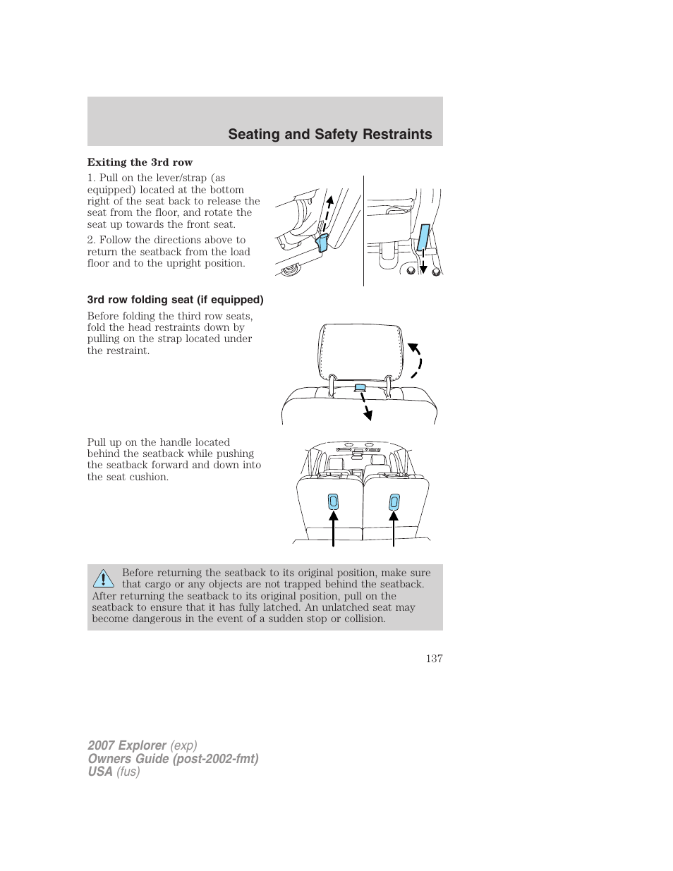 3rd row folding seat (if equipped), Seating and safety restraints | FORD 2007 Explorer v.1 User Manual | Page 137 / 344