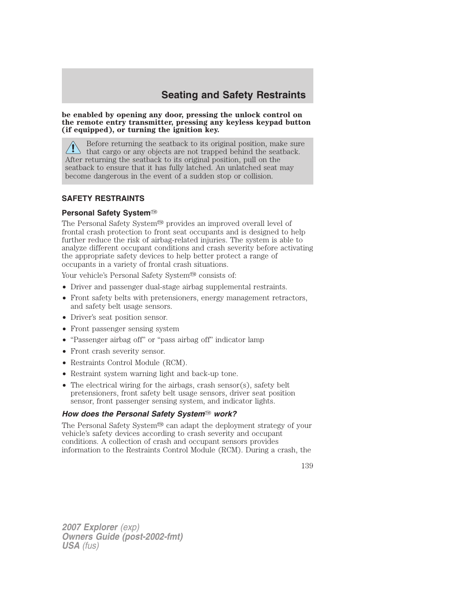 Safety restraints, Personal safety system, How does the personal safety system work | Seating and safety restraints | FORD 2007 Explorer v.1 User Manual | Page 139 / 344
