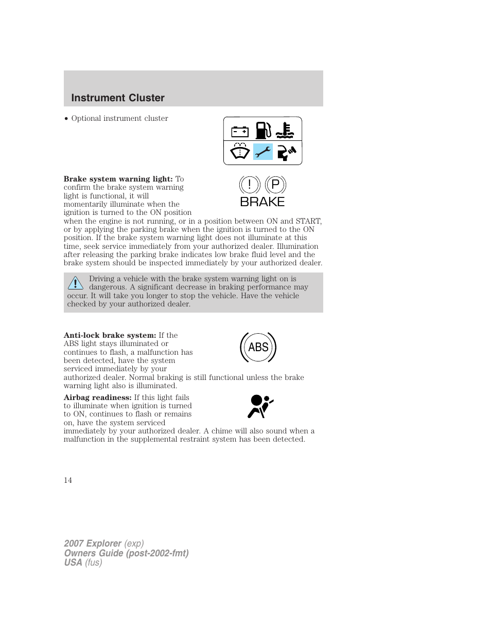 P! brake abs | FORD 2007 Explorer v.1 User Manual | Page 14 / 344