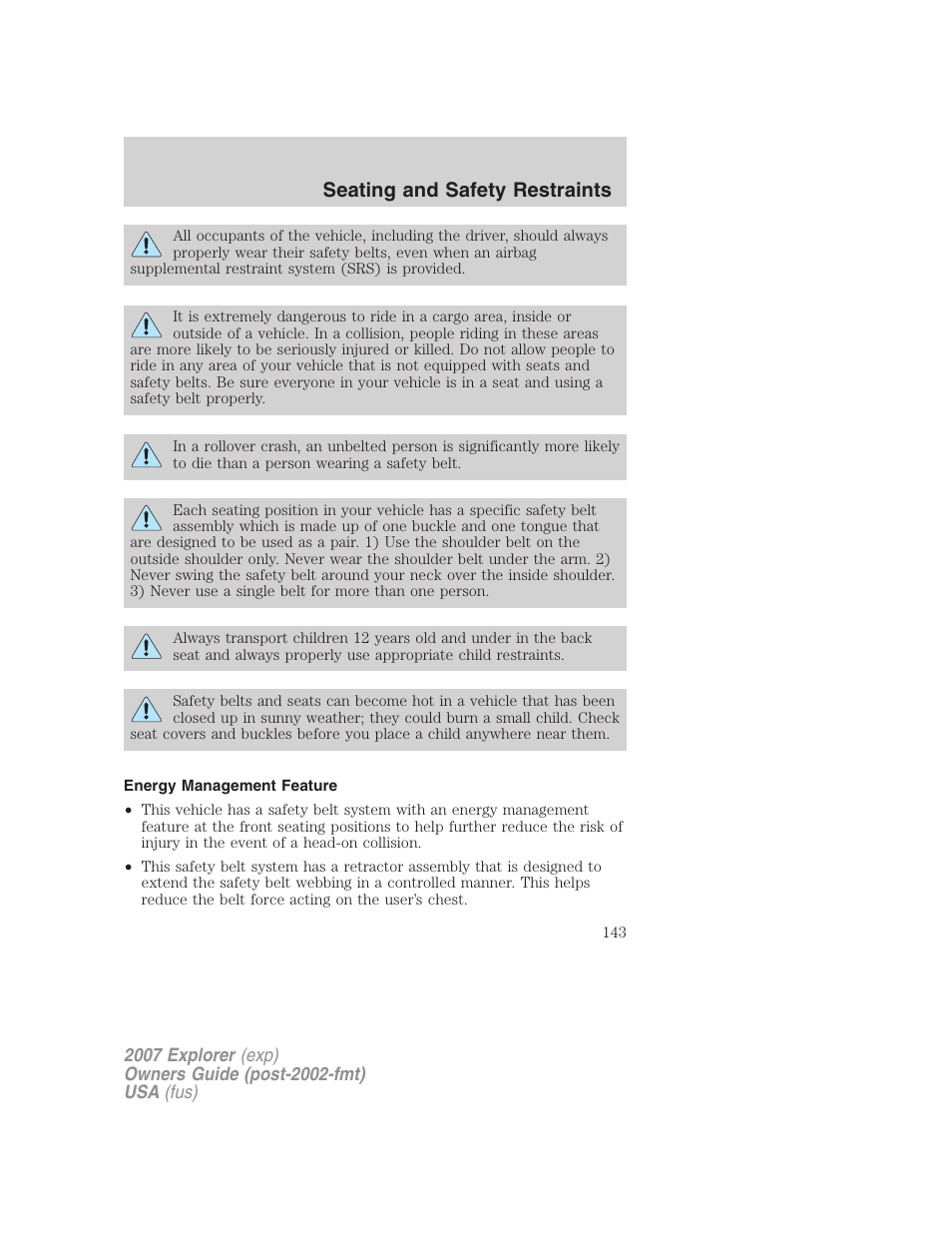 Energy management feature, Seating and safety restraints | FORD 2007 Explorer v.1 User Manual | Page 143 / 344