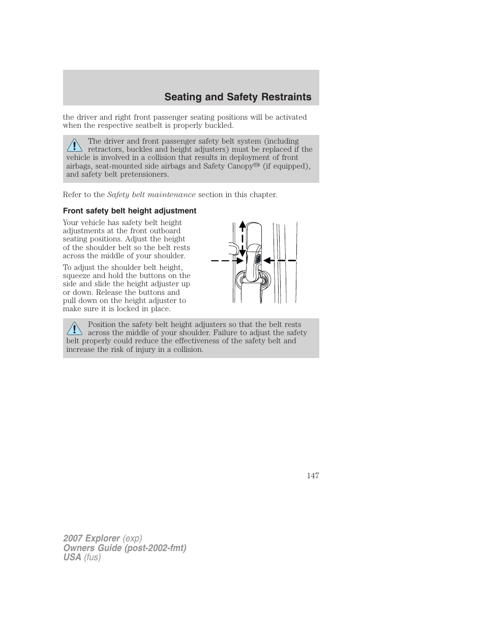 Front safety belt height adjustment, Seating and safety restraints | FORD 2007 Explorer v.1 User Manual | Page 147 / 344