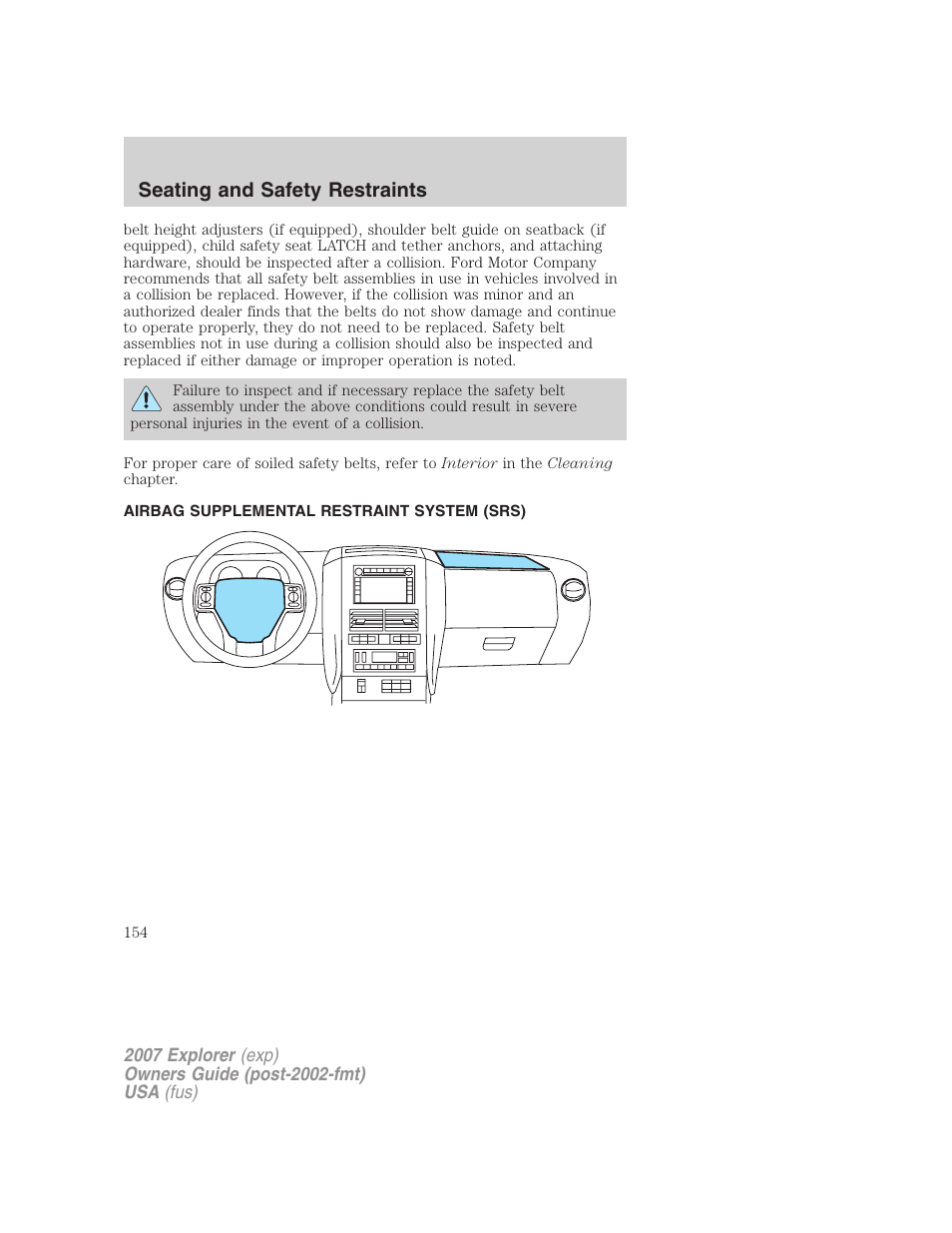 Airbag supplemental restraint system (srs), Airbags, Seating and safety restraints | FORD 2007 Explorer v.1 User Manual | Page 154 / 344