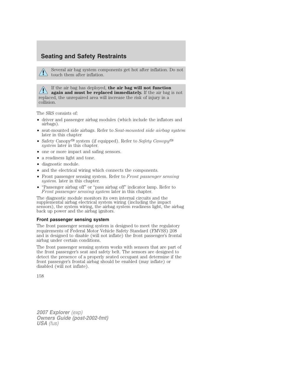 Front passenger sensing system, Seating and safety restraints | FORD 2007 Explorer v.1 User Manual | Page 158 / 344