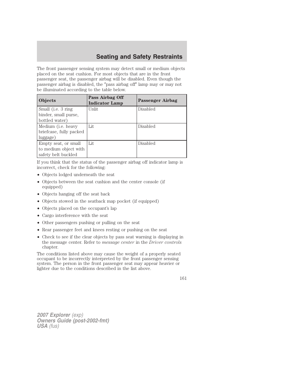 Seating and safety restraints | FORD 2007 Explorer v.1 User Manual | Page 161 / 344