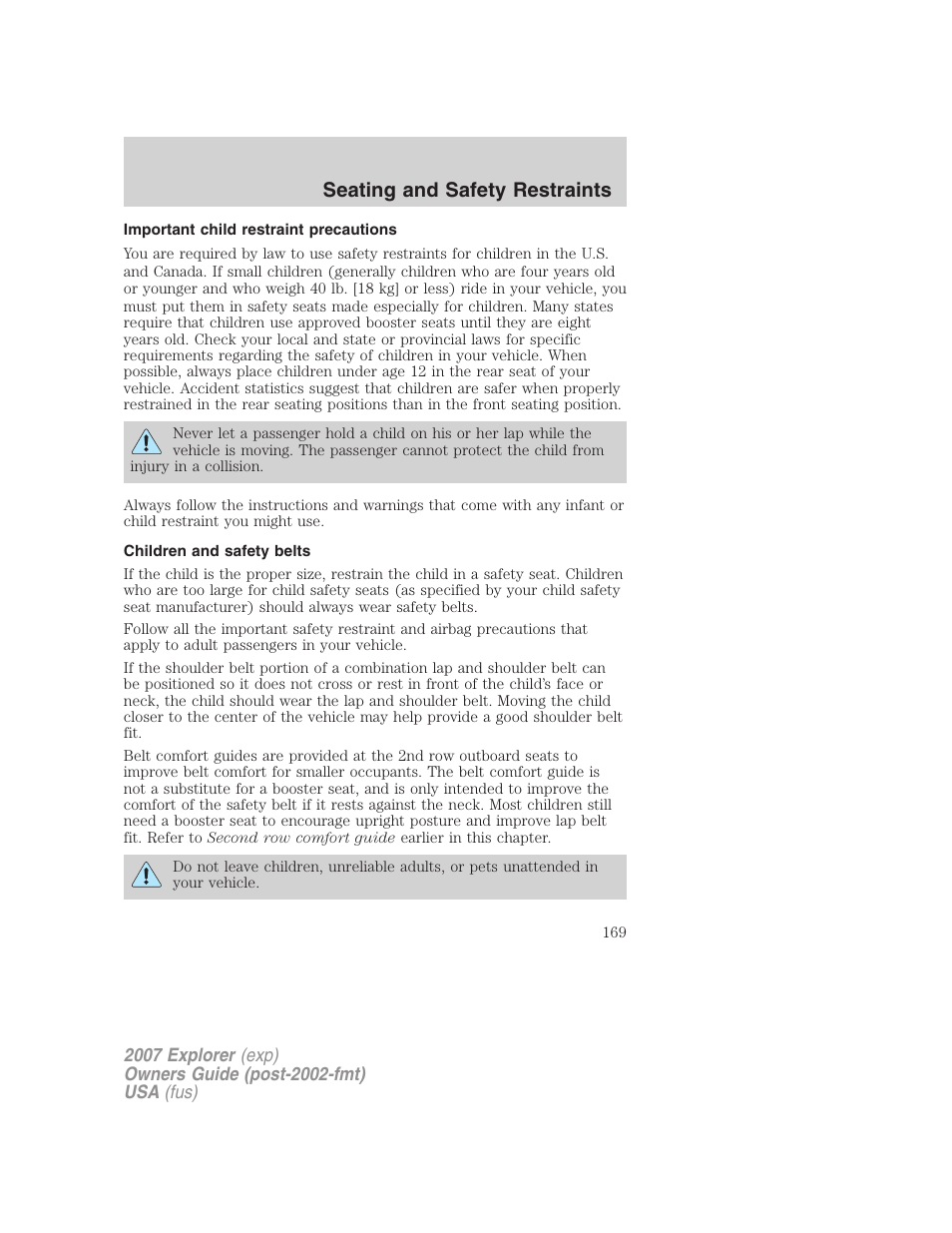 Important child restraint precautions, Children and safety belts, Seating and safety restraints | FORD 2007 Explorer v.1 User Manual | Page 169 / 344