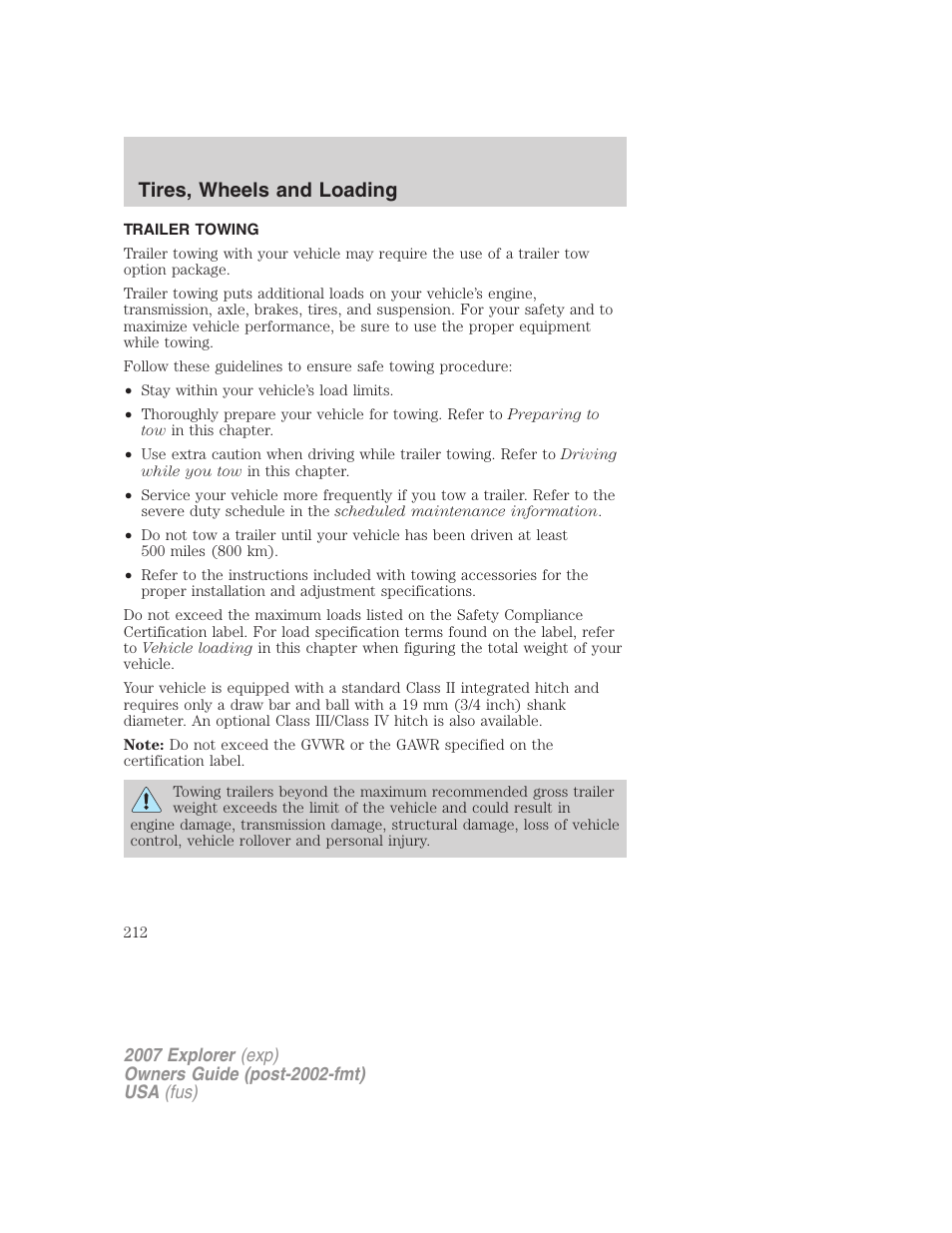 Trailer towing, Tires, wheels and loading | FORD 2007 Explorer v.1 User Manual | Page 212 / 344