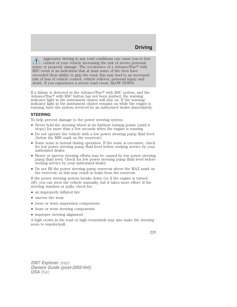 Steering, Driving | FORD 2007 Explorer v.1 User Manual | Page 229 / 344