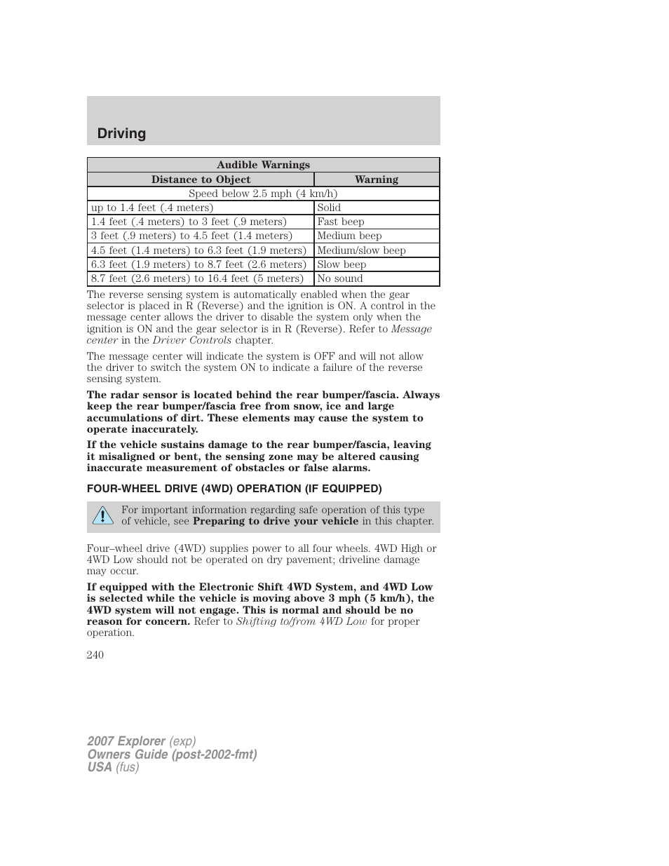 Four-wheel drive (4wd) operation (if equipped), Driving | FORD 2007 Explorer v.1 User Manual | Page 240 / 344