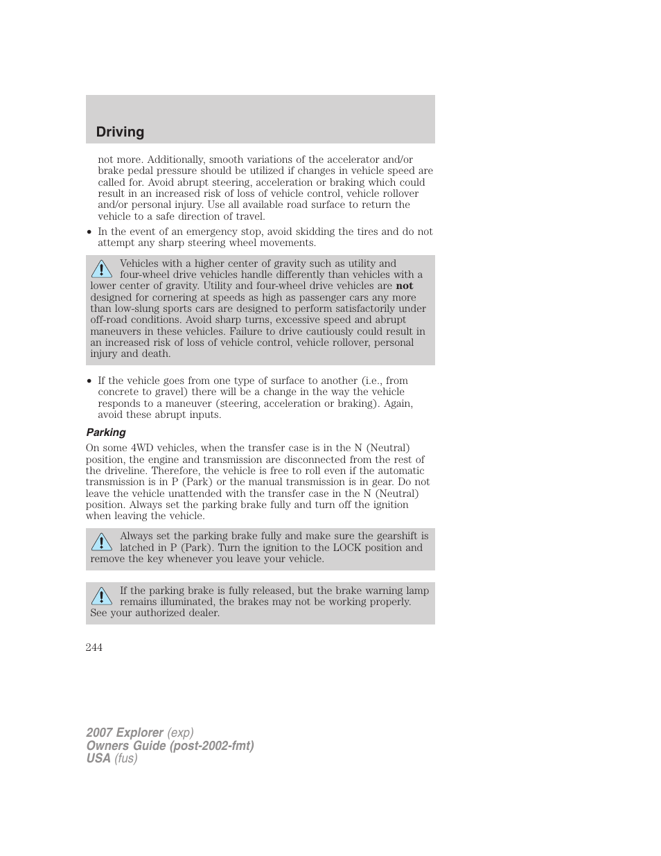 Parking, Driving | FORD 2007 Explorer v.1 User Manual | Page 244 / 344