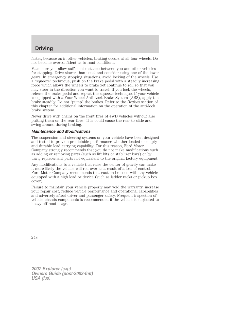 Maintenance and modifications, Driving | FORD 2007 Explorer v.1 User Manual | Page 248 / 344