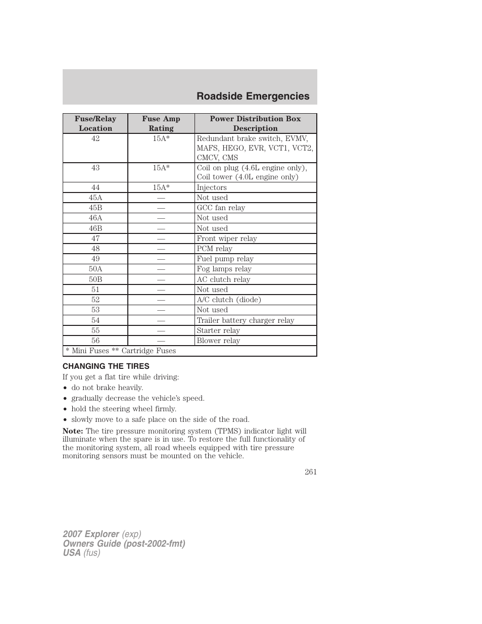 Changing the tires, Changing tires, Roadside emergencies | FORD 2007 Explorer v.1 User Manual | Page 261 / 344