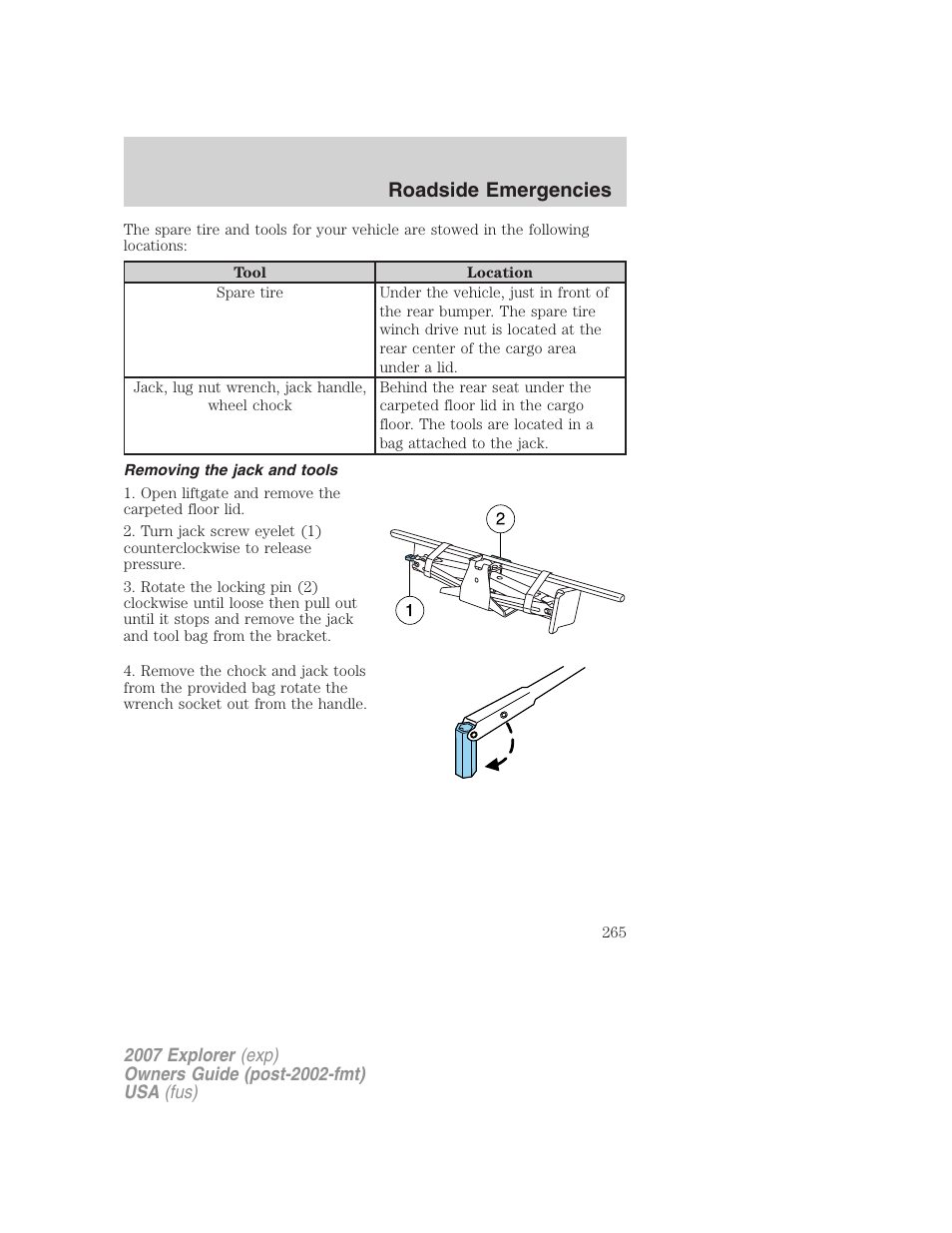 Removing the jack and tools, Roadside emergencies | FORD 2007 Explorer v.1 User Manual | Page 265 / 344