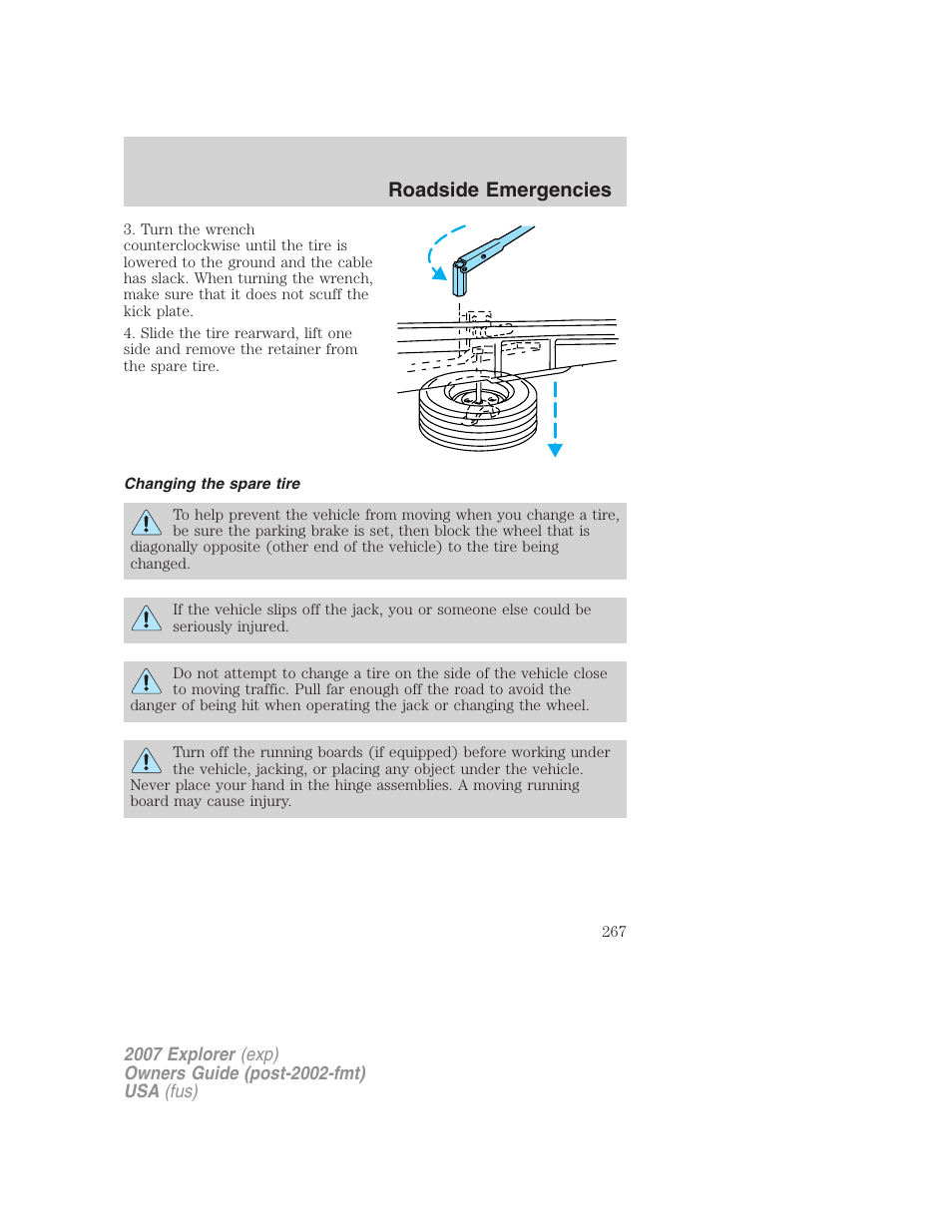 Changing the spare tire, Roadside emergencies | FORD 2007 Explorer v.1 User Manual | Page 267 / 344