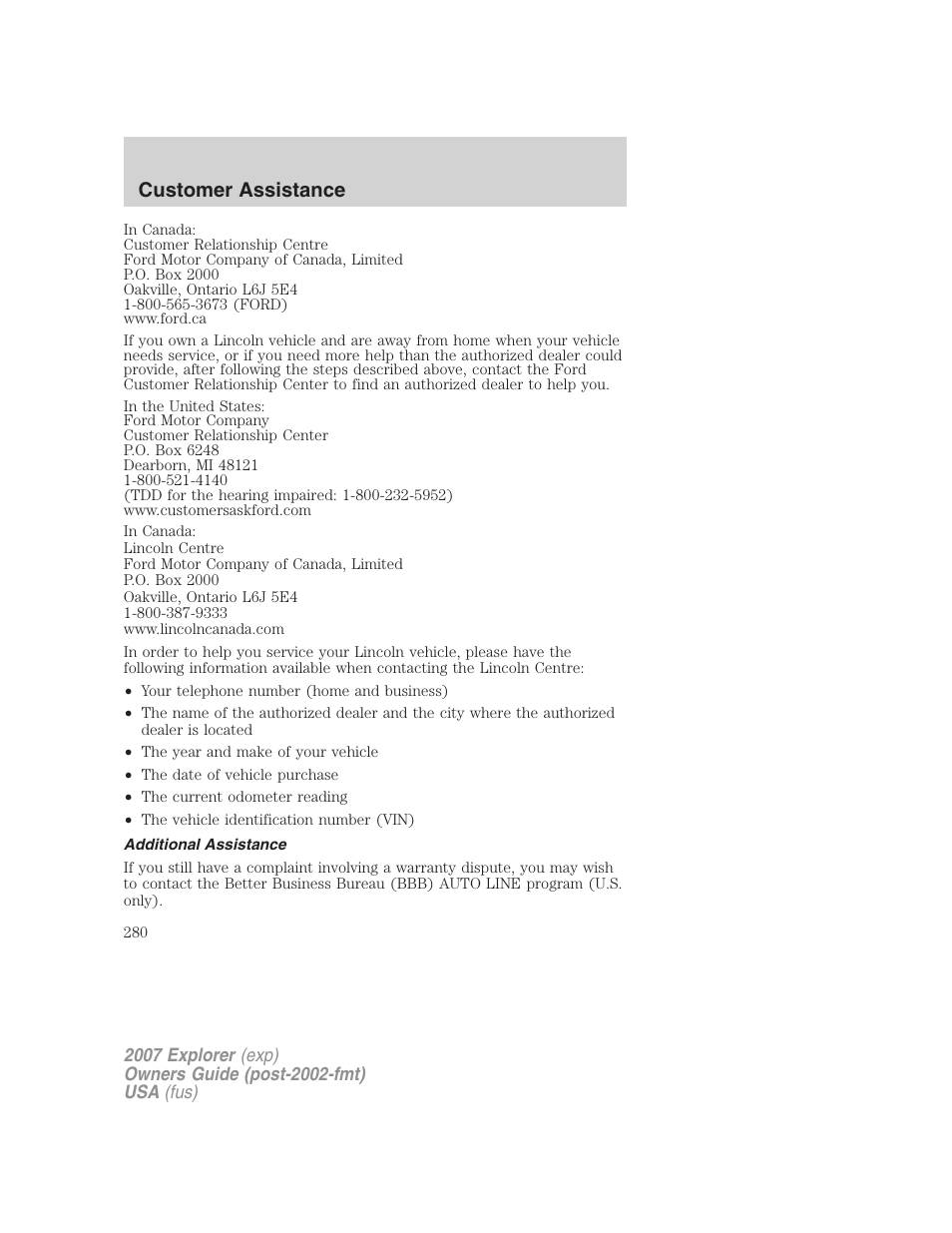 Additional assistance, Customer assistance | FORD 2007 Explorer v.1 User Manual | Page 280 / 344