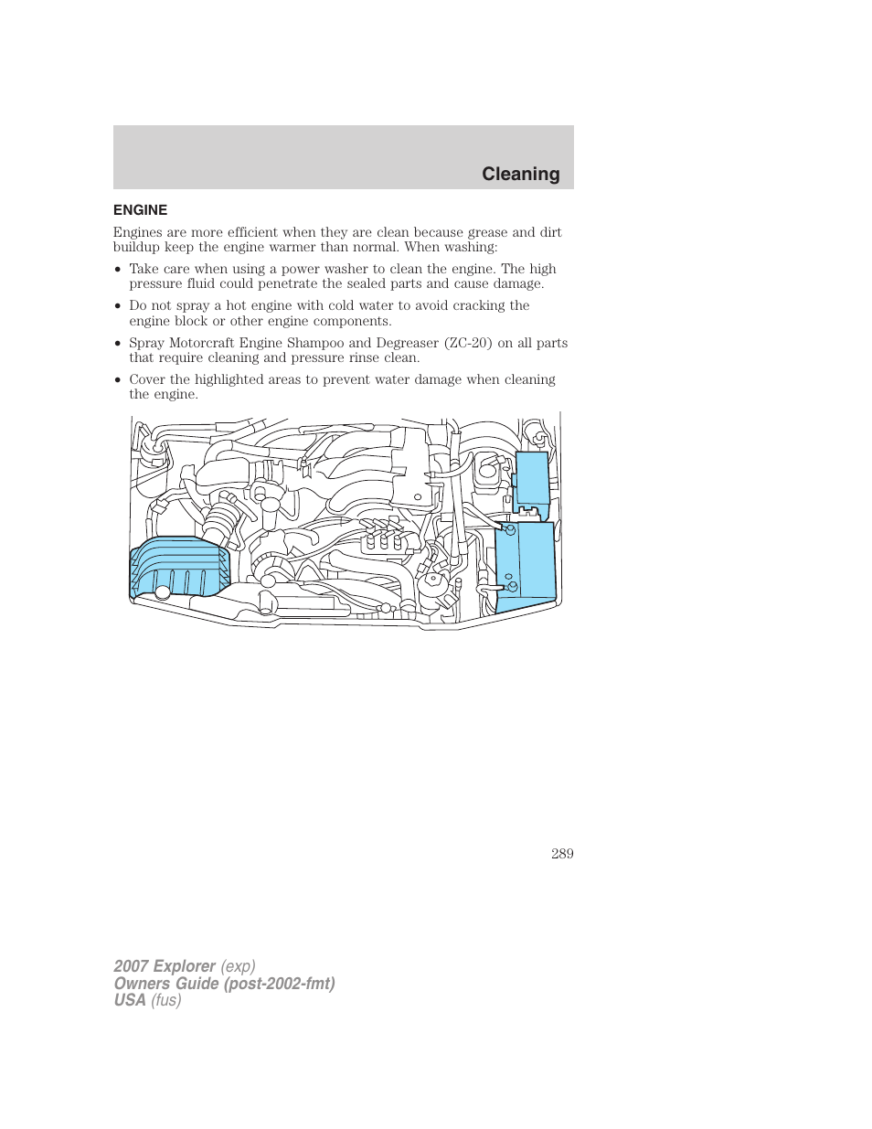 Engine, Cleaning | FORD 2007 Explorer v.1 User Manual | Page 289 / 344