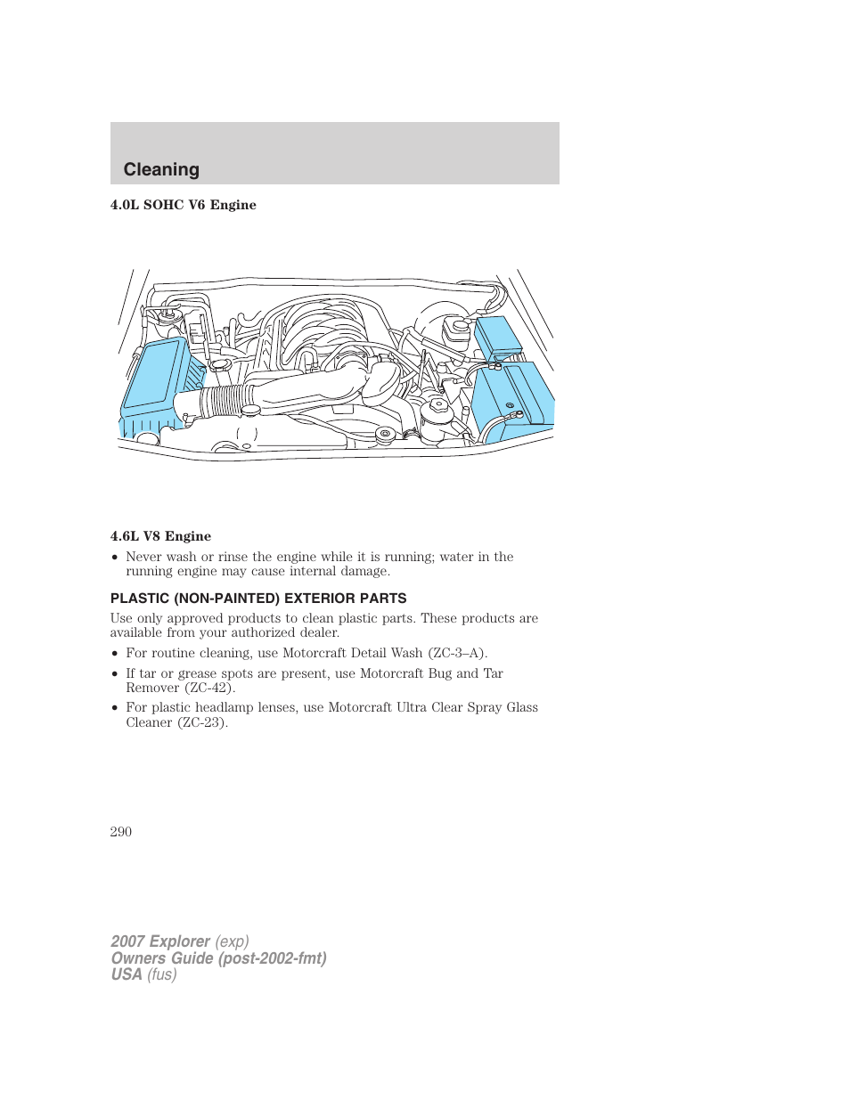 Plastic (non-painted) exterior parts, Cleaning | FORD 2007 Explorer v.1 User Manual | Page 290 / 344