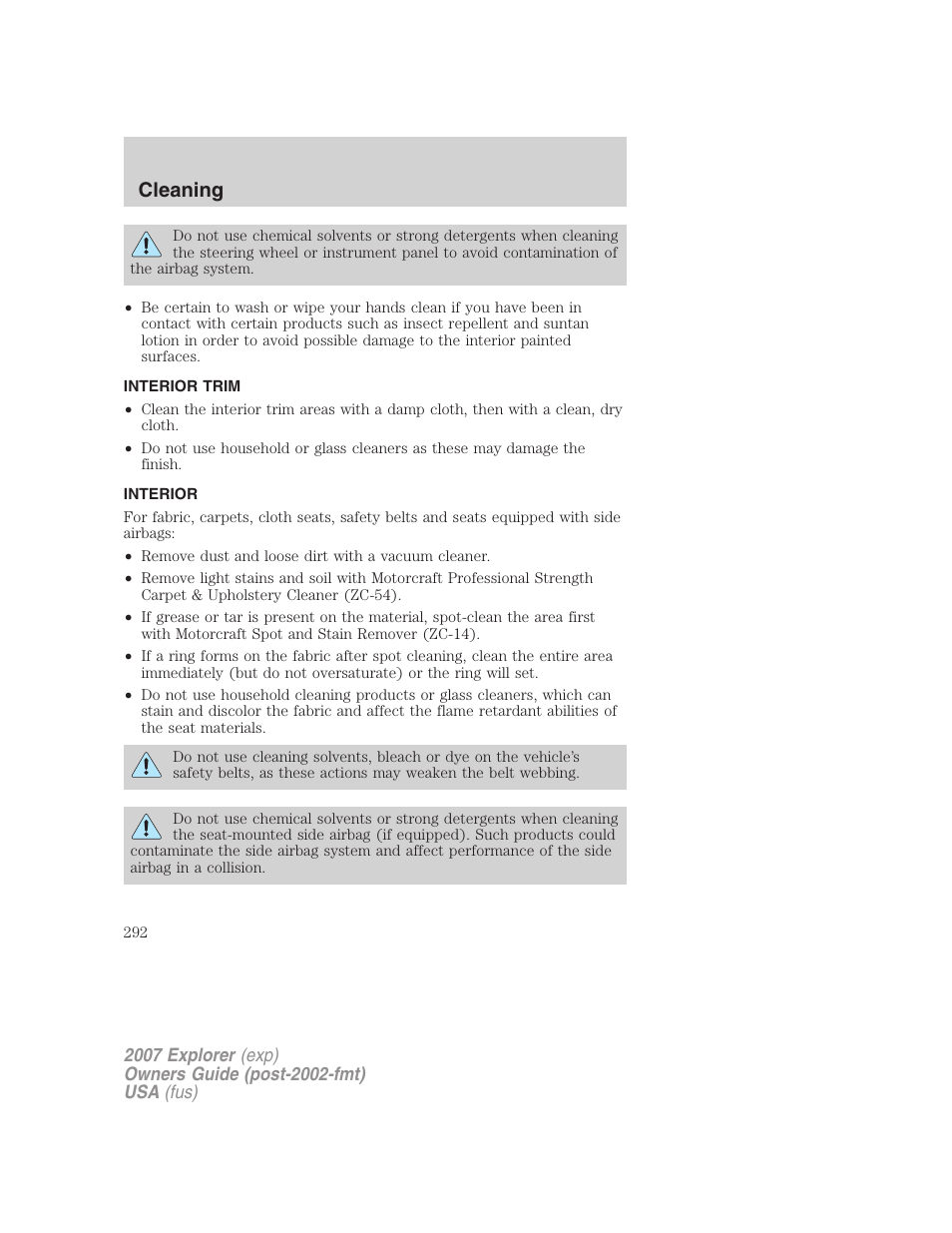 Interior trim, Interior, Cleaning | FORD 2007 Explorer v.1 User Manual | Page 292 / 344