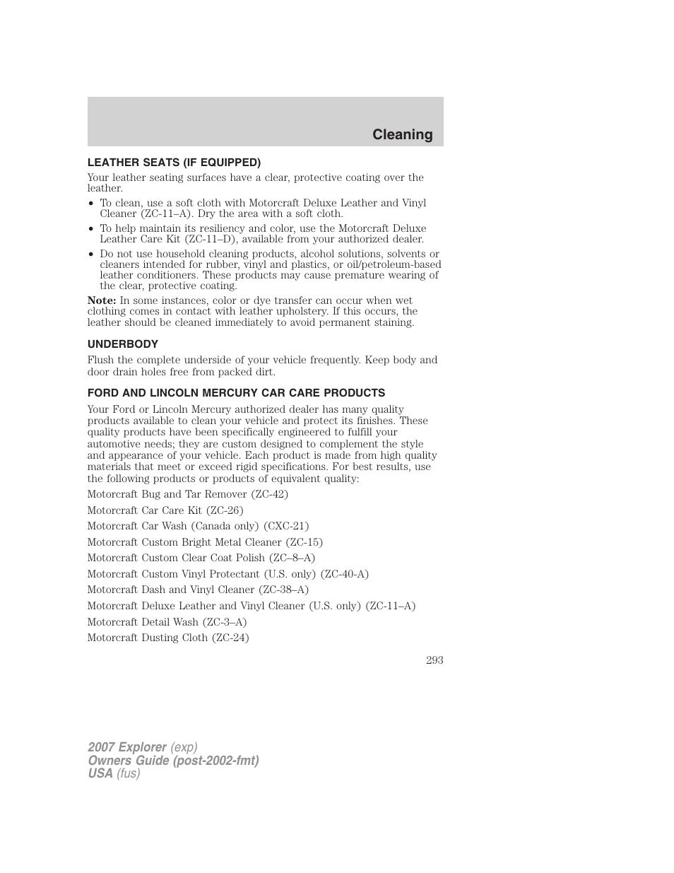 Leather seats (if equipped), Underbody, Ford and lincoln mercury car care products | Cleaning | FORD 2007 Explorer v.1 User Manual | Page 293 / 344