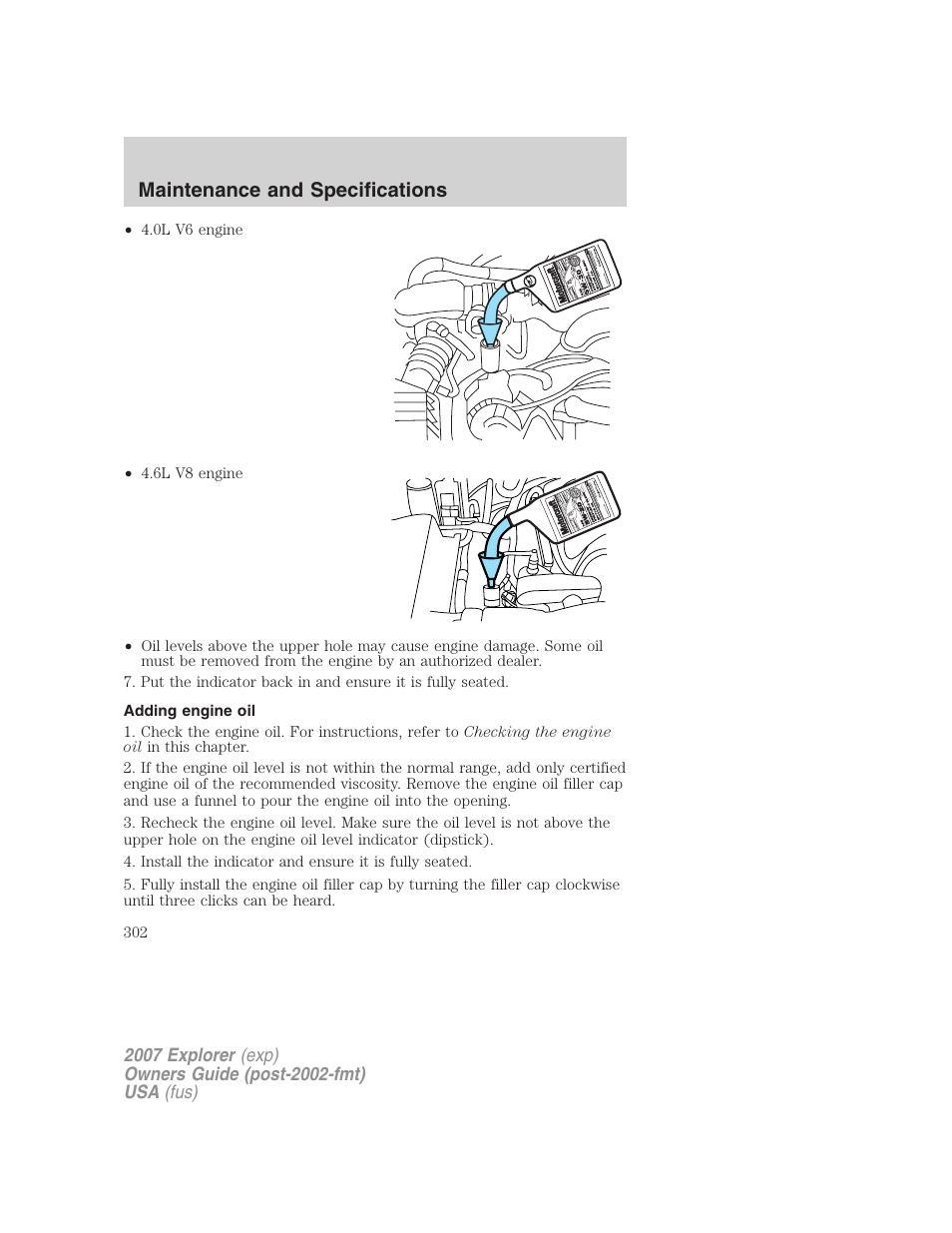 Adding engine oil, Maintenance and specifications | FORD 2007 Explorer v.1 User Manual | Page 302 / 344