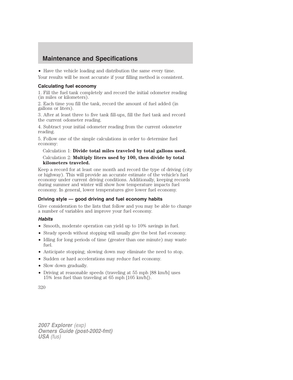 Calculating fuel economy, Habits, Maintenance and specifications | FORD 2007 Explorer v.1 User Manual | Page 320 / 344