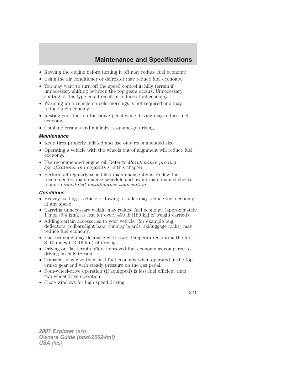 Maintenance, Conditions, Maintenance and specifications | FORD 2007 Explorer v.1 User Manual | Page 321 / 344