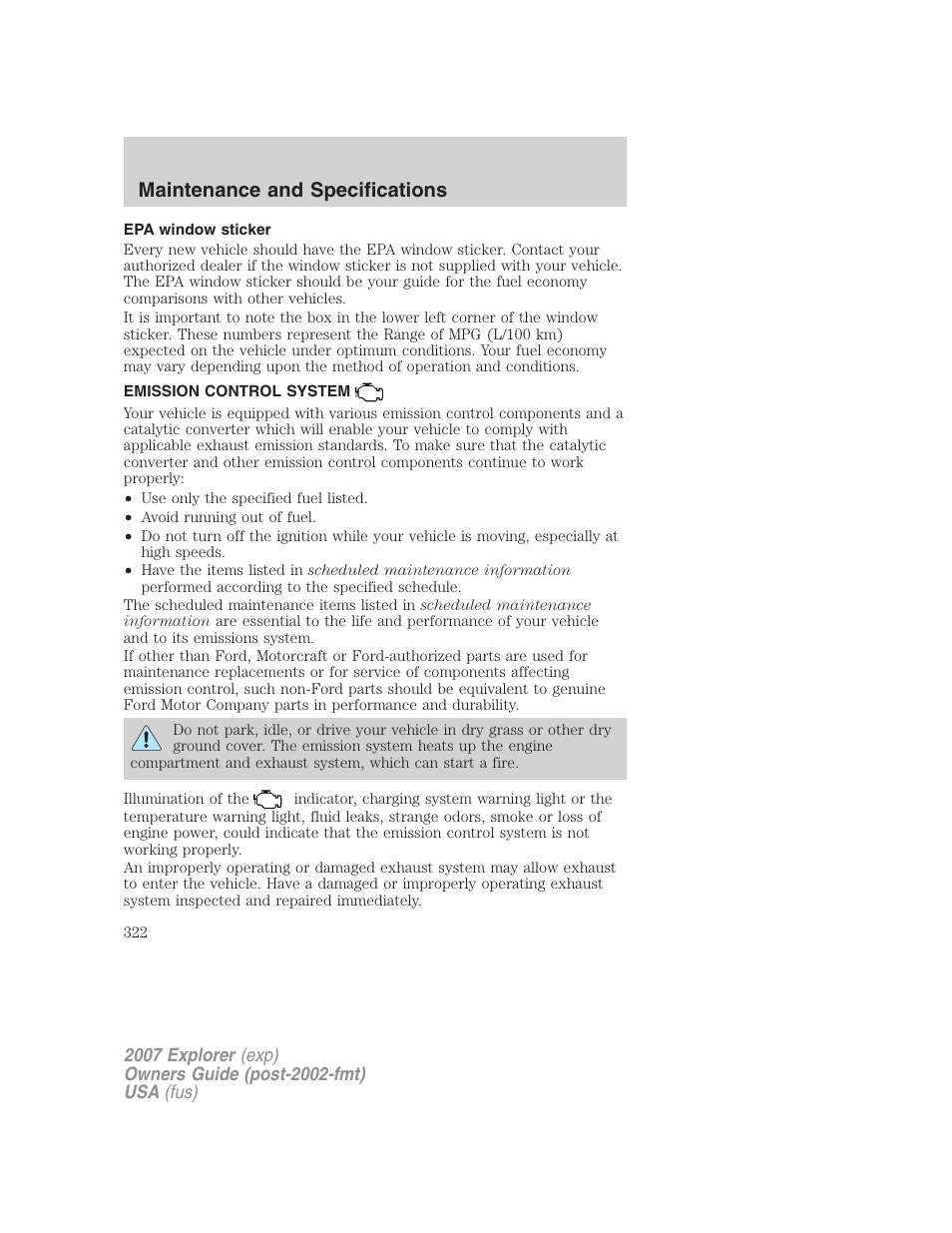 Epa window sticker, Emission control system, Maintenance and specifications | FORD 2007 Explorer v.1 User Manual | Page 322 / 344