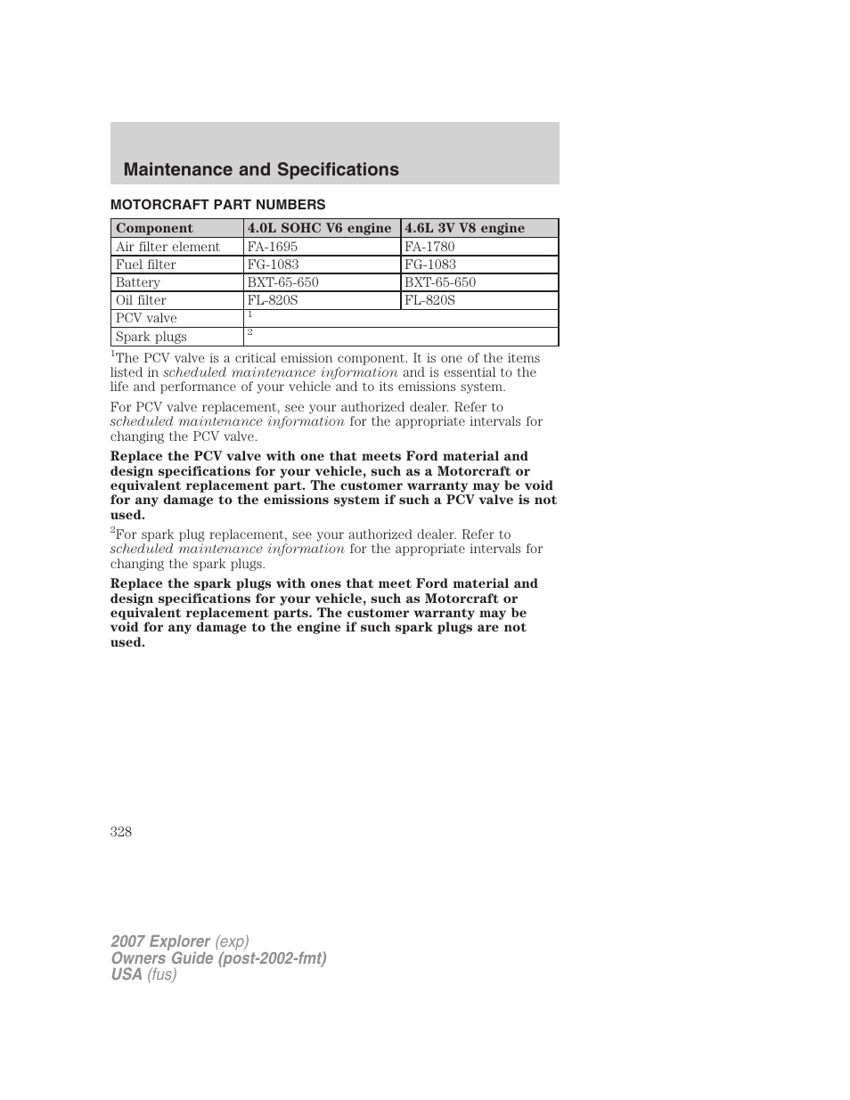 Motorcraft part numbers, Part numbers, Maintenance and specifications | FORD 2007 Explorer v.1 User Manual | Page 328 / 344