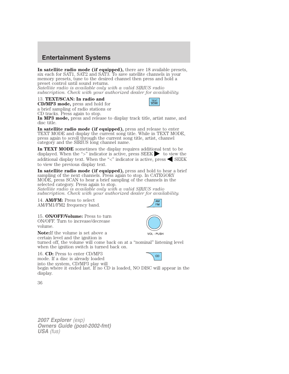 Entertainment systems | FORD 2007 Explorer v.1 User Manual | Page 36 / 344